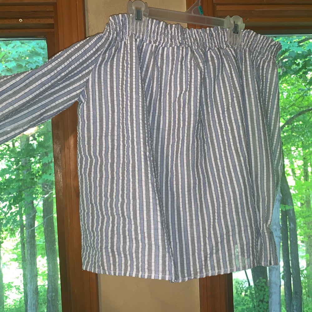 Blue and grey off-the-shoulder blouse